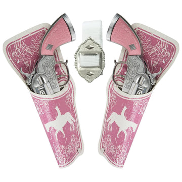 Western Girl Double Pistol with Holster, Pink in Color, Shoots Roll Caps, Boxed