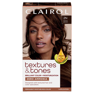 Clairol Textures & Tones Permanent Hair Dye, 2N Mocha Brown Hair Color | Ammonia-Free | Moisture-Rich Formula with Argan, and Olive Oil for Brilliant Shine | Pack of 1