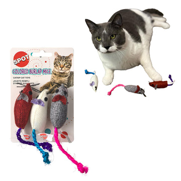 SPOT Burlap Mice Cat Toys, Interactive & Durable Catnip Toys for Indoor Cats & Kittens, Perfect for Hunting & Play, 3-Inch, Assorted Colors, 3 Pieces
