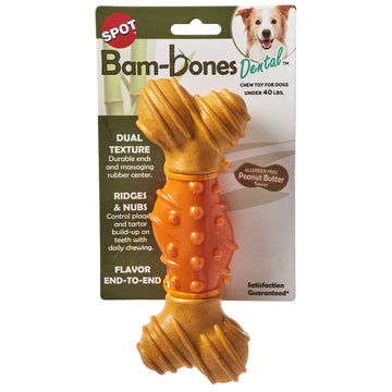 SPOT Bam-Bones Dental Bone - Made with Bamboo Fiber and a Massaging Rubber Center, Durable Oral Care Dog Chew for Light Chewers & Teething Puppies Under 40lbs, 7in, Allergen Free Peanut Butter Flavor