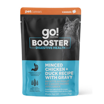 Go! Solutions Booster Digestive Health Minced Chicken + Duck Gravy Topper for Dry Food with Broth, Healthy Cat Treat for Gastrointestinal Wellness, Supports Sensitive Stomachs, 2.5 oz Pouch (12 Pack)