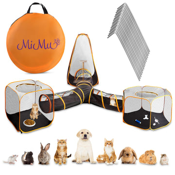 MiMu Dog Playpen Indoor Outdoor 4 in 1 Cat Tent with Exercise Tunnel - Pop Up Travel Playpen for Puppies, Kittens, Rabbits, Guinea Pigs, and Small Pets - Portable Enclosed Mesh Pet Pen with Case
