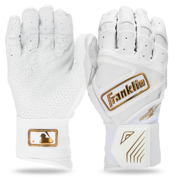 Franklin Sports MLB Batting Gloves - Infinite Powerstrap Baseball + Softball Batting Gloves -Durable Full Wrap Cage Practice Gear - Long Cuff Wrist + Heavy Duty Leather - Youth Small - White + Gold