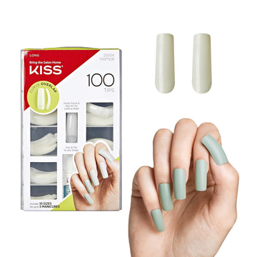 KISS 100 Tips False Press On Nail Kit, Curve Overlap Style, Long Length, Long Lasting Fake Nail Tips, DIY Home Manicure Set with Nail Glue 3 g / 0.11 oz. and 100 Artificial Nails in 10 Sizes