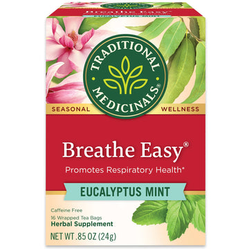 Traditional Medicinals Tea, Breathe Easy with Eucalyptus Mint, Promotes Respiratory Health, Kosher, Non-GMO, Caffeine-Free, Compostable - 16 Tea Bags (Pack of 1)