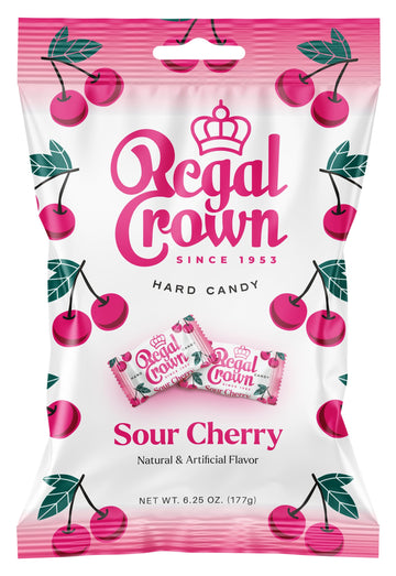 Regal Crown Sour Cherry Candy | Traditional Sour Cherries Candy | Tart and Tangy Old Fashioned Sour Cherry Hard Candy Brought To You By Iconic Candy | 6.25oz Peg Bag (1)
