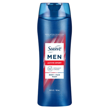 Suave Men Active Sport 2-in-1 Body & Face Wash with Glycerin & Vitamin E, Paraben & Phthalate Free, Cleanse, Moisturize, Refresh, Long-Lasting Fragrance, 18 FL OZ