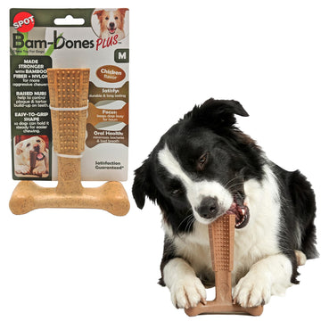 SPOT Bam-Bones Plus T-Bone Dog Chew Toy, Bamboo Fiber & Nylon, Chicken Flavor, Durable Non-Splintering Chew for Moderate to Aggressive Chewers, Dogs 30-60 lbs, 6 Inch