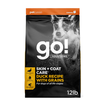 Go! Solutions Skin + Coat Care Duck Dry Dog Food with Grains, Chicken-Free, Healthy Kibble with Omega-3s & 6s for Soft, Shiny Fur, for Puppies, Adults, & Seniors, 12 lb Bag