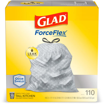 GLAD ForceFlex Tall Kitchen Drawstring Trash Bag - 13 Gallon White Trash Bag for Kitchen Trash Can, Odor Shield, Odor Eliminator, Leak Protection, 110 Count