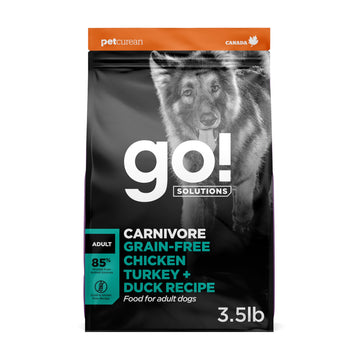 Go! Solutions Carnivore Chicken, Turkey + Duck Grain-Free Dry Adult Dog Food, Our Highest-Protein Kibble Made with Real Meat & Fish, Pumpkin & Probiotics for Good Digestion, 3.5 lb Bag
