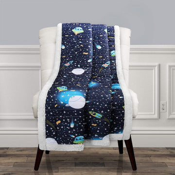Lush Decor, Navy Universe Sherpa Throw-Outer Space Stars Galaxy Planet Rocket Pattern Reversible Blanket-60” x 50, 60" x 50", 16T003038