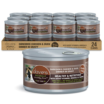 Dave's Pet Food Grain Free Wet Cat Food (Shredded Chicken & Duck in Gravy), Naturally Healthy Canned, Added Vitamins & Minerals, Wheat, Gluten, & GMO-Free, 2.8 oz (24 Pack)
