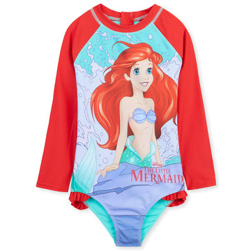 Disney Girls One Piece Swimsuit, Long Sleeve Swimming Costume - Girls Gifts (Red Ariel, 9-10 Years)