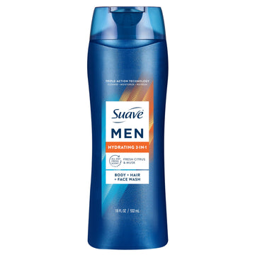 Suave Men Hydrating 3-in-1 Body + Hair + Face Wash with Glycerin & Vitamin E, Cleanse, Moisturize, Refresh, No Parabens or Pthalatates, Long-Lasting Fragrance, 18 FL OZ