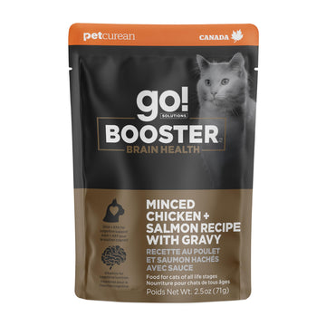 Go! Solutions Booster Brain Health Minced Chicken + Salmon with Gravy Topper for Dry Food, Real Meat Wet Cat Treat for Healthy Cognitive Function in Kittens, Adults, & Seniors, 2.5 oz Pouch (12 Pack)