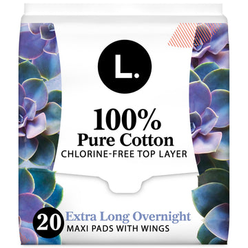 L. Chlorine Free Maxi Pads Extra Long Overnight Absorbency with Wings, Organic Cotton, Free of Chlorine Bleaching, Pesticides, Fragrances, or Dyes, 20 Count (Packaging May Vary)