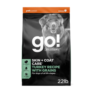 Go! Solutions Skin + Coat Care Turkey Dry Dog Food with Grains, Chicken-Free, Healthy Kibble with Omega-3s & 6s for Soft, Shiny Fur, for Puppies, Adults, & Seniors, 22 lb Bag