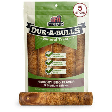Redbarn Natural Dur-A-Bulls Treats for Dogs - 5 Medium Sticks - Hickory Flavor - Made in USA Long Lasting 100% Digestible No Artificial Ingredients or Plastic