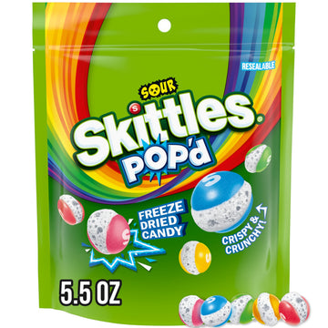 Skittles POP'd Sour Freeze Dried Candy, 5.5 Oz Resealable Candy Bags (Pack of 8)