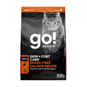 Go! Solutions Skin + Coat Care Salmon Grain-Free Dry Cat Food, Chicken-Free, Healthy Kibble with Omega-3s & 6s for Soft, Shiny Fur, for Kittens, Adults, & Seniors, 8 lb Bag