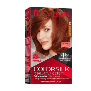 Revlon Colorsilk Beautiful Color Permanent Hair Color, Long-Lasting High-Definition Color, Shine & Silky Softness with 100% Gray Coverage, Ammonia Free, 042 Medium Auburn, 1 Pack