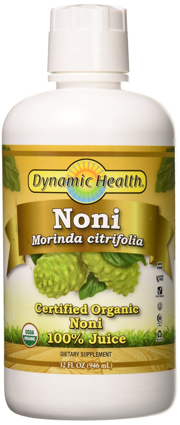 Dynamic Health Certified Organic Noni (Morinda citrifolia) 100% Juice | For Increased Energy & Body Health | No Additives, Vegetarian | 32oz Plastic