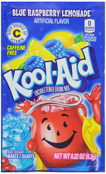 Kool-Aid Unsweetened Blue Raspberry Lemonade Artificially Flavored Powdered Drink Mix, 0.2 Ounce (Pack of 96)
