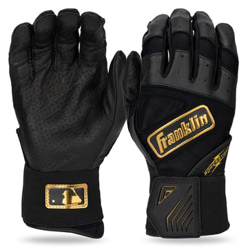 Franklin Sports MLB Batting Gloves - Infinite Powerstrap Baseball + Softball Batting Gloves -Durable Full Wrap Cage Practice Gear - Long Cuff Wrist + Heavy Duty Leather - Youth Small - Black + Gold