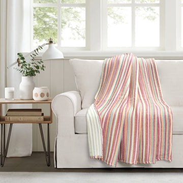Lush Decor Tracy Stripe Boho Kantha Pick Stitch Cotton Throw Blanket Single 50" W x 60" L Rust & Yellow - Striped Throw Blankets for Bed - Couch Blanket