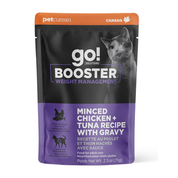 Go! Solutions Booster Weight Management Minced Chicken + Tuna with Gravy Topper for Dry Food, Real Meat Wet Cat Treat for Healthy Dieting in Adults, & Seniors, 2.5 oz Pouch (12 Pack)