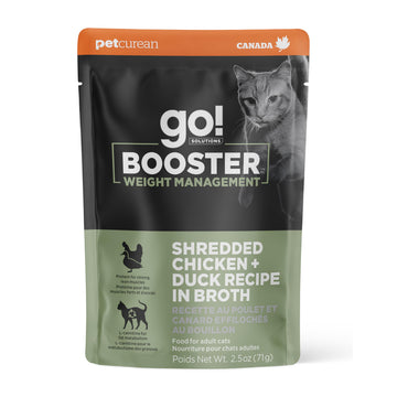 Go! Solutions Booster Weight Management Shredded Chicken + Duck in Broth Gravy Topper for Dry Food, Real Meat Wet Cat Treat for Healthy Dieting in Adults, & Seniors, 2.5 oz Pouch (12 Pack)