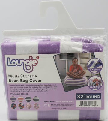 Loungie Bean Bag Chair Cover - Stuffed Animal Storage Bean Bag Cover 32" Round, Striped Lavender and White