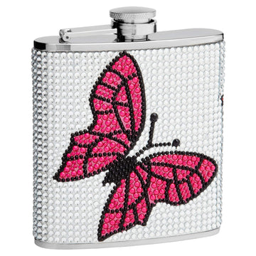 Genuine Rhinestones Hip Flask Holding 6 oz - Butterfly Design - Pocket Size, Stainless Steel, Rustproof, Screw-On Cap - White and Pink Finish