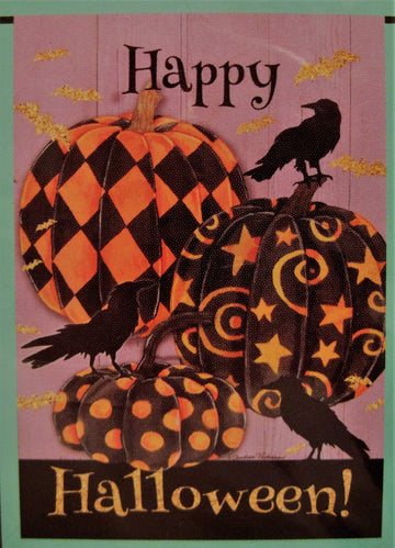 Happy HALLOWEEEN Black Crow Birds on Black & Orange Ornate Pumpkins 12.5" x 18" Small Garden Art Flag