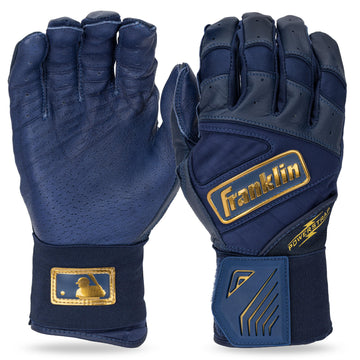 Franklin Sports MLB Batting Gloves - Infinite Powerstrap Baseball + Softball Batting Gloves -Durable Full Wrap Cage Practice Gear - Reinforced Wrist + Heavy Duty Leather - Youth Medium - Navy + Gold