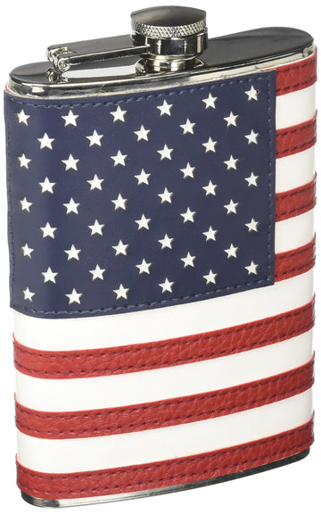 Hip Flask Holding 8 oz - American Flag Design - Pocket Size, Stainless Steel, Rustproof, Screw-On Cap - Blue, Red and White Finish