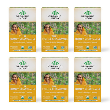 Organic India Tulsi Honey Chamomile Tea Bags - Herbal Tea for Stress Relieving & Calming, Immune Support, Adaptogen, Gluten-Free, USDA Certified Organic, Caffeine-Free - 18 Infusion Bags, 6 Pack