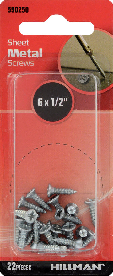 The Hillman Group 590250 Flat Head Phillips Sheet Metal Screw, #6 by 1/2-Inch, Zinc, 22pcs/Card