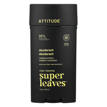 ATTITUDE Super Leaves, Aluminum-Free Deodorant, For Men, Amber & Citrus, 2.64 oz (75 g)