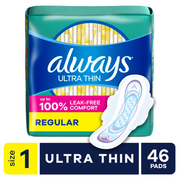 Always Pads, Ultra Thin with Wings, Size 1, Regular, 46 Count