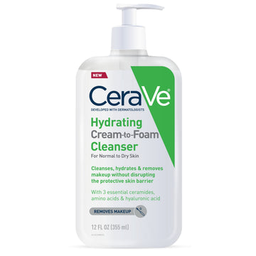 CeraVe Face Wash Hydrating Cream-to-Foam Cleanser Makeup Remover Hyaluronic Acid Fragrance Free 12 fl oz