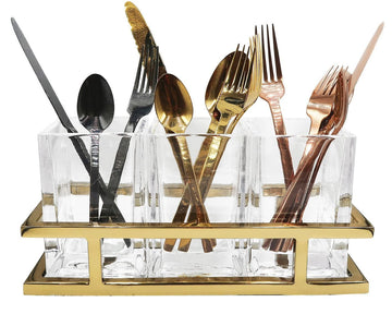 Godinger Flatware Gold Caddy Organizer Cutlery Holder Kitchen Countertop, Forks, Spoons, Knives Utensil Holder