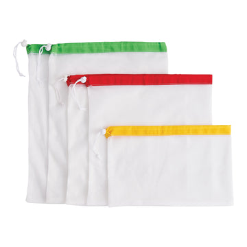 HIC Kitchen Reusable Mesh Produce Bags with Drawstring Closure, Set of 5 plus Storage Bag
