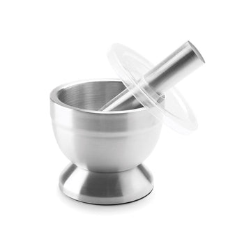 HIC Kitchen Mortar And Pestle, 18/8 Stainless Steel, 3.25-Inch, Anti-Skid Base And Translucent Cover, Spice Herb Grinder And Pill Crusher