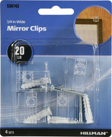 Hillman 536142 1/4" Clear Nylon Mirror Hanging Clips (20lb) - 4 Sets