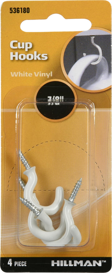 Hillman 536180 Cup Hooks, Screw Hooks, White Vinyl Finish (7/8") 4 Pack