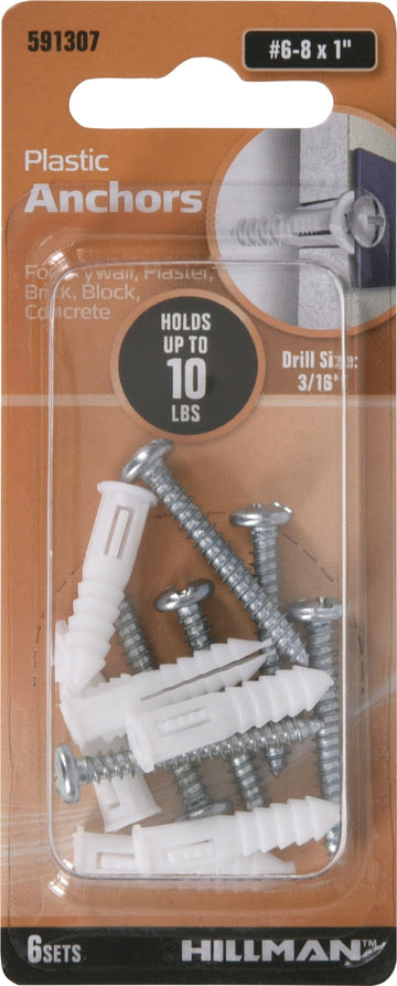 Hillman Ribbed Plastic Anchors with Screws (#6-8 x 1") - 6 Sets