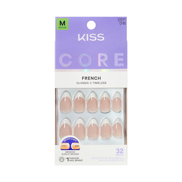 Kiss Core French Tip Press On Nails Almond, Curiosity, White, Medium Length, 32 Count