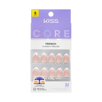 Kiss Core French Tip Press On Nails Almond, Passionate, White, Short Length, 32 Count
